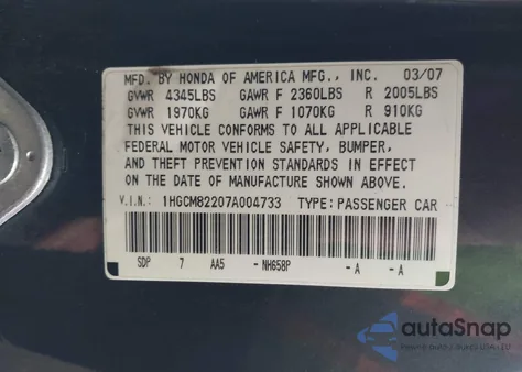 2007 Honda Accord 3.0 Lx z USA, uszkodzony, nr VIN 1HGCM82207A004733